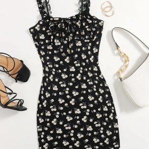 Frilled Strap Tie Front Ruched Bust Daisy Floral D